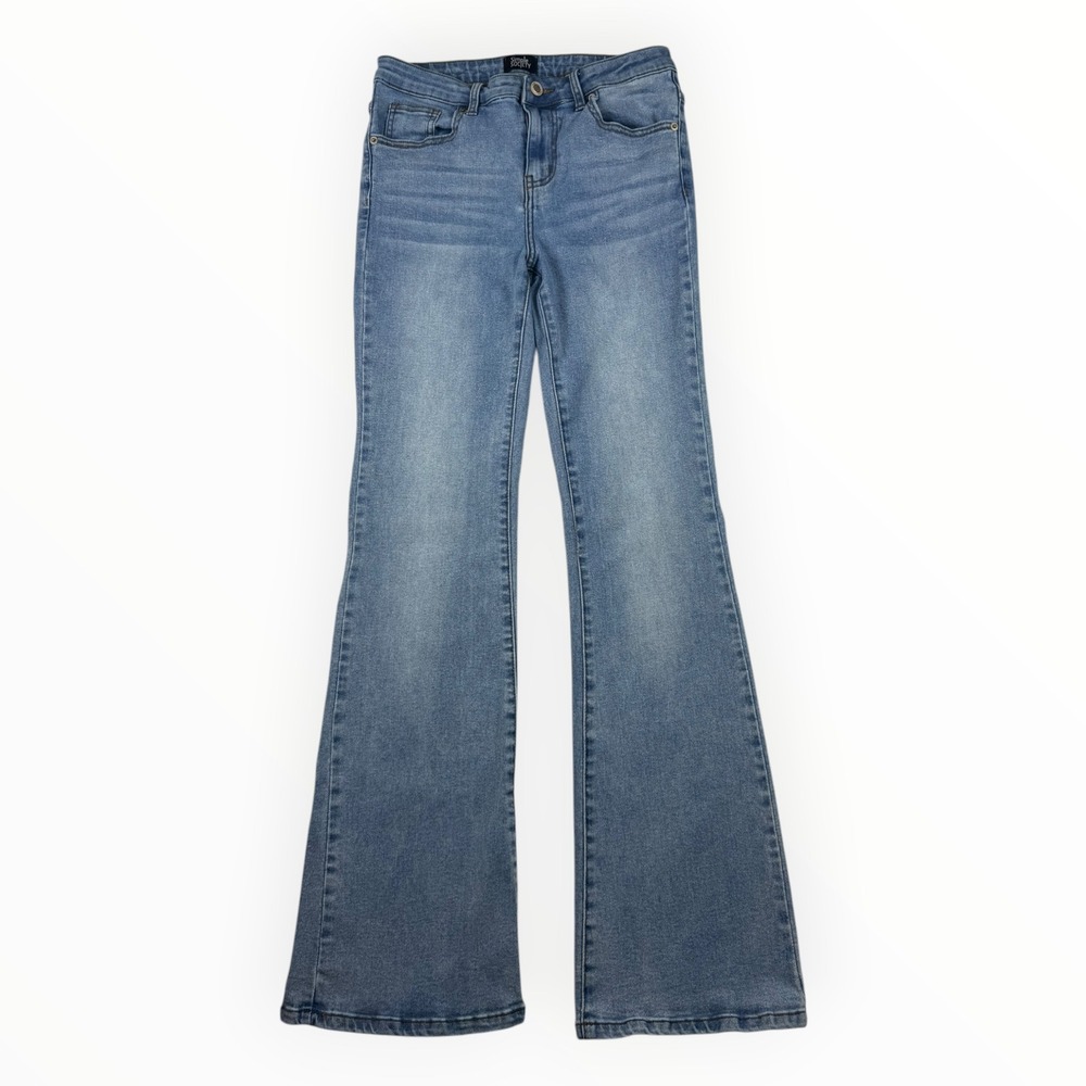 Simple Society Womens Wide Flare Jeans Medium Wash Stretch Denim Size 5/27